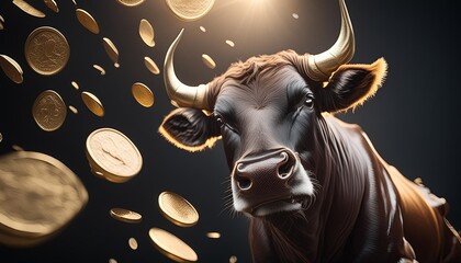 bullish and gold coin falling on black background 3d render