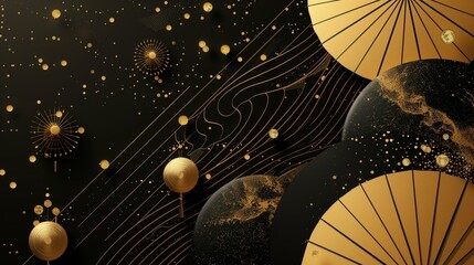 Abstract luxury black and gold composition with swirling lines and textured orbs, invoking a cosmic atmosphere.