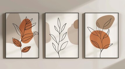 A trio of framed botanical illustrations in earth tones, displayed on a wall.