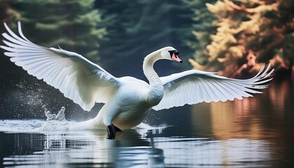 white swan lands on the water surface after flight