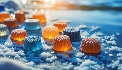 blue background with colorful candies jelly sugar in sunlight