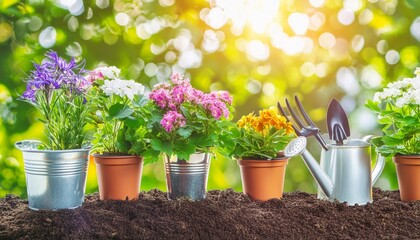 garden flowers plants and tools on a sunny background gardening concept