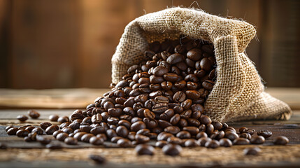 Aromatic Whole Coffee Beans in a Rustic Burlap Sack Spilled on a Wooden Table - The Essence of Caffeine and Rich Flavors