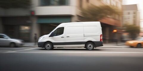 A white delivery van driving on a city street, with blurred motion indicating speed