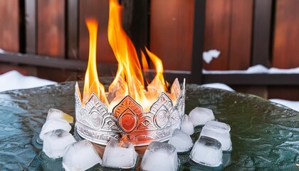 ice crown burning with orange flame cold winter frozen ice cubes emit heat and flame inspired by song of ice and fire mythology fire contained inside ice crystal inner fire inside glass