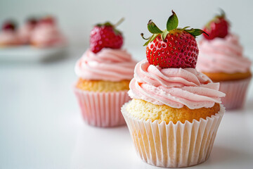 A cupcakes decorated with buttercream and fresh strawberries. White plain background. Soft and diffused light.