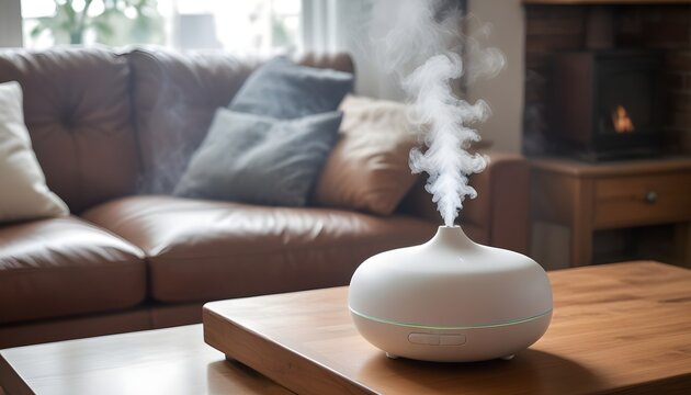 A white ceramic essential oil diffuser with steam rising from it, placed on a wooden table in front of a cozy living room setting with a brown leather sofa in the background