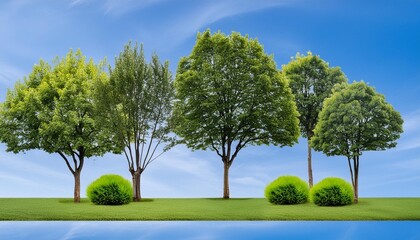 green trees beautiful small grove with grass and shrubs isolated on transparent background