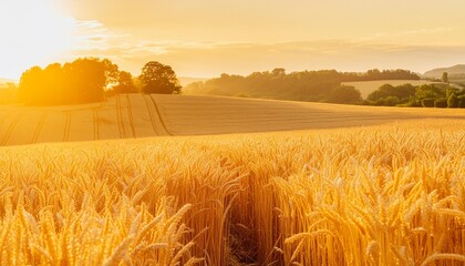close up view on wheat field during nice sunny golden hour banner panorama generative ai