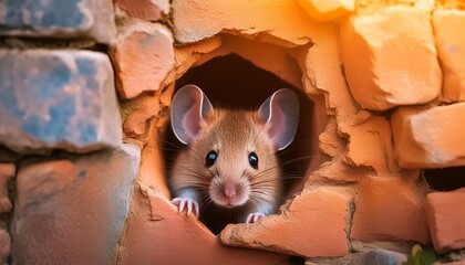 a small mouse in a hole in the wall