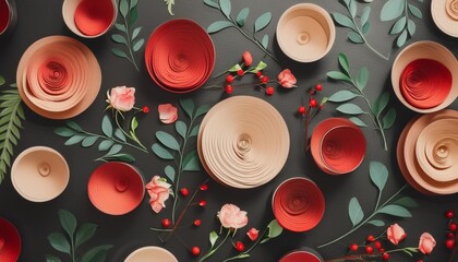 pattern background template red roses circles with green leaves and branches in different delicate shades minimalist black background banner design with small colorful flowers natural