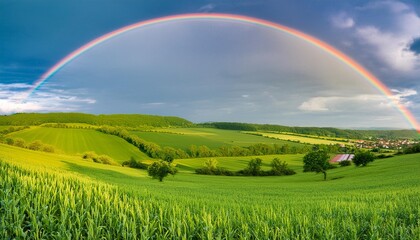 vibrant rainbow arc over lush green field