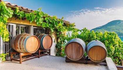 old wine barrels outside a vine covered restaurant in italy