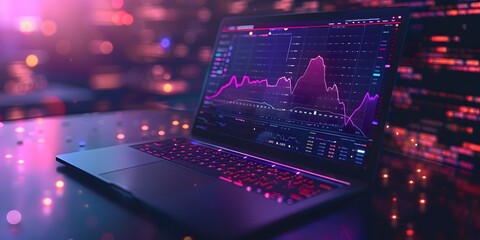 Advanced Investment Techniques Laptop Display featuring Technical Analysis and Market Timing Insights in a Futuristic Finance Growth Theme