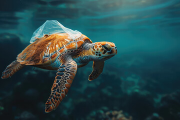  A sea turtle eating plastic, under the ocean, closeup shot of head and shell with an open mouth to eat plastic bag. Created with Ai