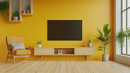 Yellow minimalist living room interior with wooden TV console, plants, and yellow armchair, 3d render