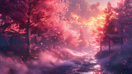 Wisps of ethereal mist drifting through a forest of neon trees.