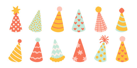 Birthday party hat set. Vector illustration set of cute doodle colored party hats for greeting card, sticker, design