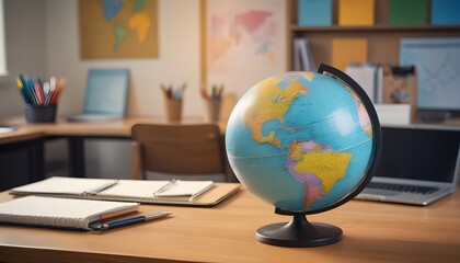 A colorful globe on a wooden desk with a laptop and other office supplies in the background, suggesting an educational setting