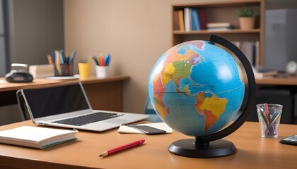 A colorful globe on a wooden desk with a laptop and other office supplies in the background, suggesting an educational setting