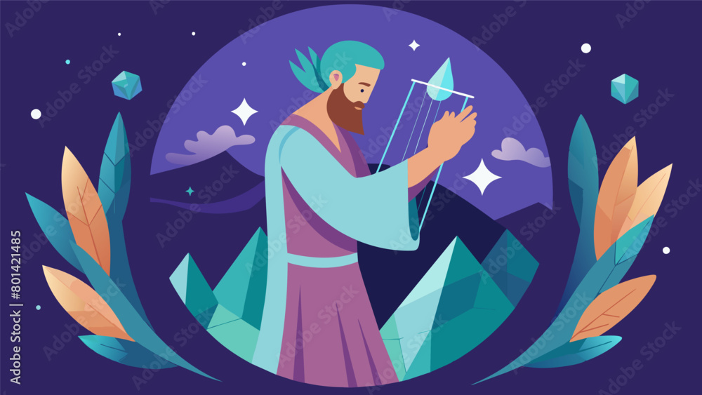 Poster in a circle of men one plays a crystal harp its ethereal tones creating a sense of serenity and magi