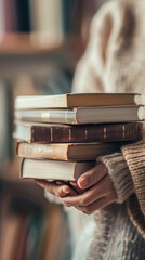 A girl in the library holds a stack of books in front of her