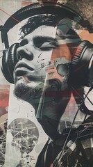 Striking digital artwork featuring a close-up of a man with headphones and an abstract overlay.