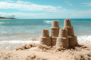 An elaborate sand castle stands on the sandy shore by the waters edge, blending into the natural landscape as a stunning piece of ephemeral art
