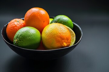 Citrus fruits in a black bowl on a black background