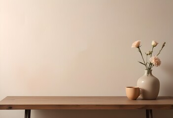 A wooden table with a vase and a cup on it, against a plain beige wall