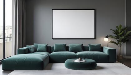 A modern living room with a large gray sectional sofa, green accent pillows, and a blank framed wall art above the sofa