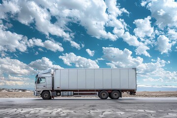Dynamic Side View of White Truck and Trailer on Japanese Highway. Cargo Transportation and Logistics.