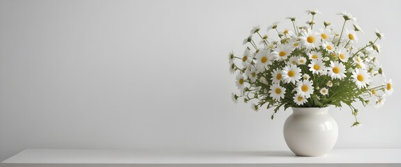 A vase of white daisy flowers on a white table against a plain white wall background
