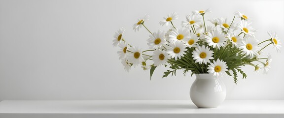 A vase of white daisy flowers on a white table against a plain white wall background