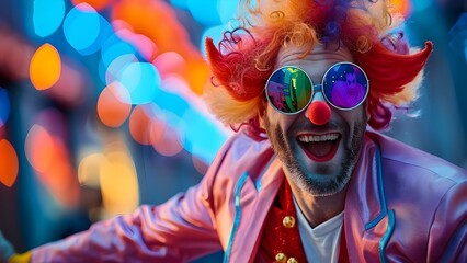 Man in Funky Pink Party Suit and Clown Wig Dancing with Sunglasses. Concept Party Outfit, Dance Moves, Funky Style, Clown Wig, Sunglasses