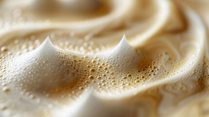 Frothy Milk Foam Art: Close-Up of Textured and Frothy Milk Foam Art in Coffee Beverage
