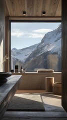 Sustainable bathroom in the mountains. A minimalist bathroom with a wood-paneled wall and a stone basin, offering a warm, natural feel. A door opens to a snowy mountain view, blending indoor comfort