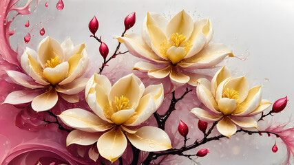 Yellow magnolia flowers with drops of water on a branch during rain in the garden in spring. illustration	