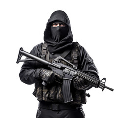 Terrorist holding Russian automatic machine assault rifle. Masked special forces operative in tactical gear holding a rifle
