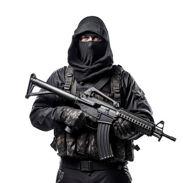 Terrorist holding Russian automatic machine assault rifle. Masked special forces operative in tactical gear holding a rifle