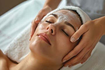 Tranquil beauty treatment: woman receiving soothing facial massage for rejuvenation