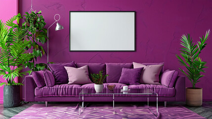 An empty frame hangs on a purple wall in a room with a purple sofa, plants, and a coffee table with a cup on it.