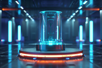 Futuristic glowing blue and orange neon lights illuminate a glass cylinder containing a human figure suspended in a state of suspended animation.