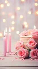 Rose background with birthday cake with candles pastel backdrop empty blank copyspace for design text photo website web banner backdrop texture 