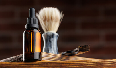 Brown mockup bottle essential oil for beard men on background dark brick. Concept spa barbershop...