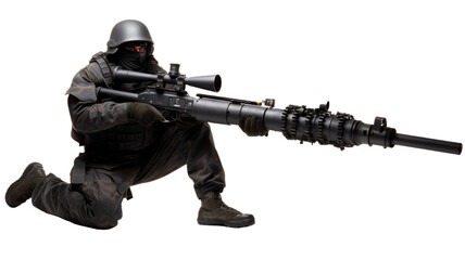 Man with heavy gun weapon isolated on transparent background PNG cut out.