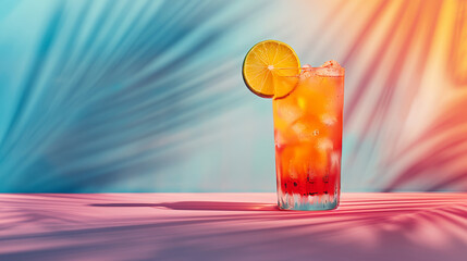 An exotic cocktail that evokes wild parties, summer, fun, and the beach, surrounded by a creative background with warm, vibrant colors in the spirit of good times.