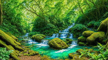Lush Green Forest with Cascading Waterfall in Serene Natural Landscape