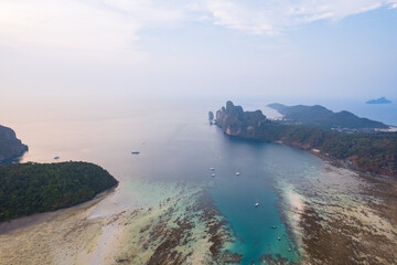 Aerial view big low tide in Andaman Sea, Phi Phi island from drone in Province of Krabi, travel landmark of Thailand