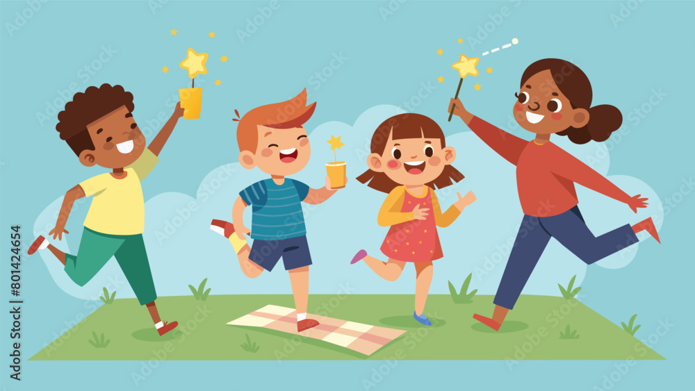 Poster kids running around with sparklers in hand their laughter filling the air as adults relax on the pic